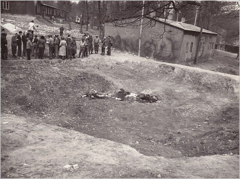 Allied soldiers photographed behind a pit containing corpses